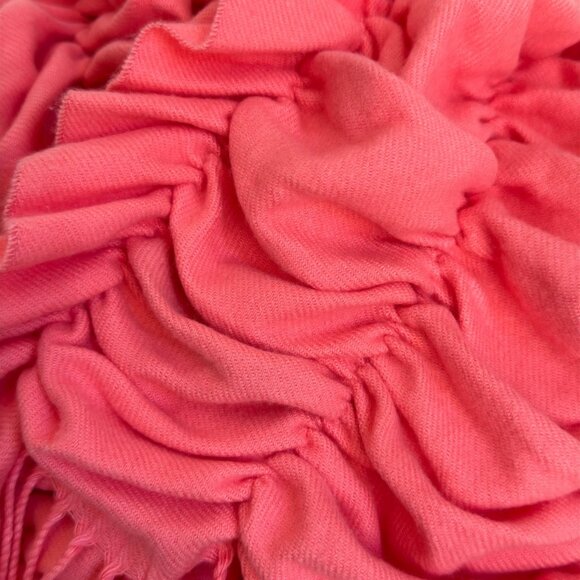 So Soft! Smocked Ruffled Coral Acrylic Scarf With Fringe Cashmere Feel - Picture 3 of 6
